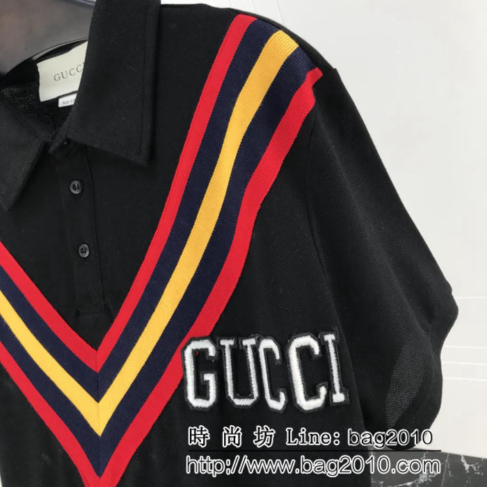 GUCCI古馳 19早春新款 拼色條紋“PIRATES”刺繡字母 絲光珠地棉 男款Polo衫 ydi1730